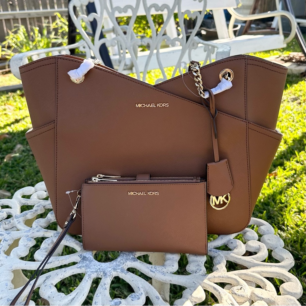 Michael Kors Brown Leather Tote with Gold Accents and wallet